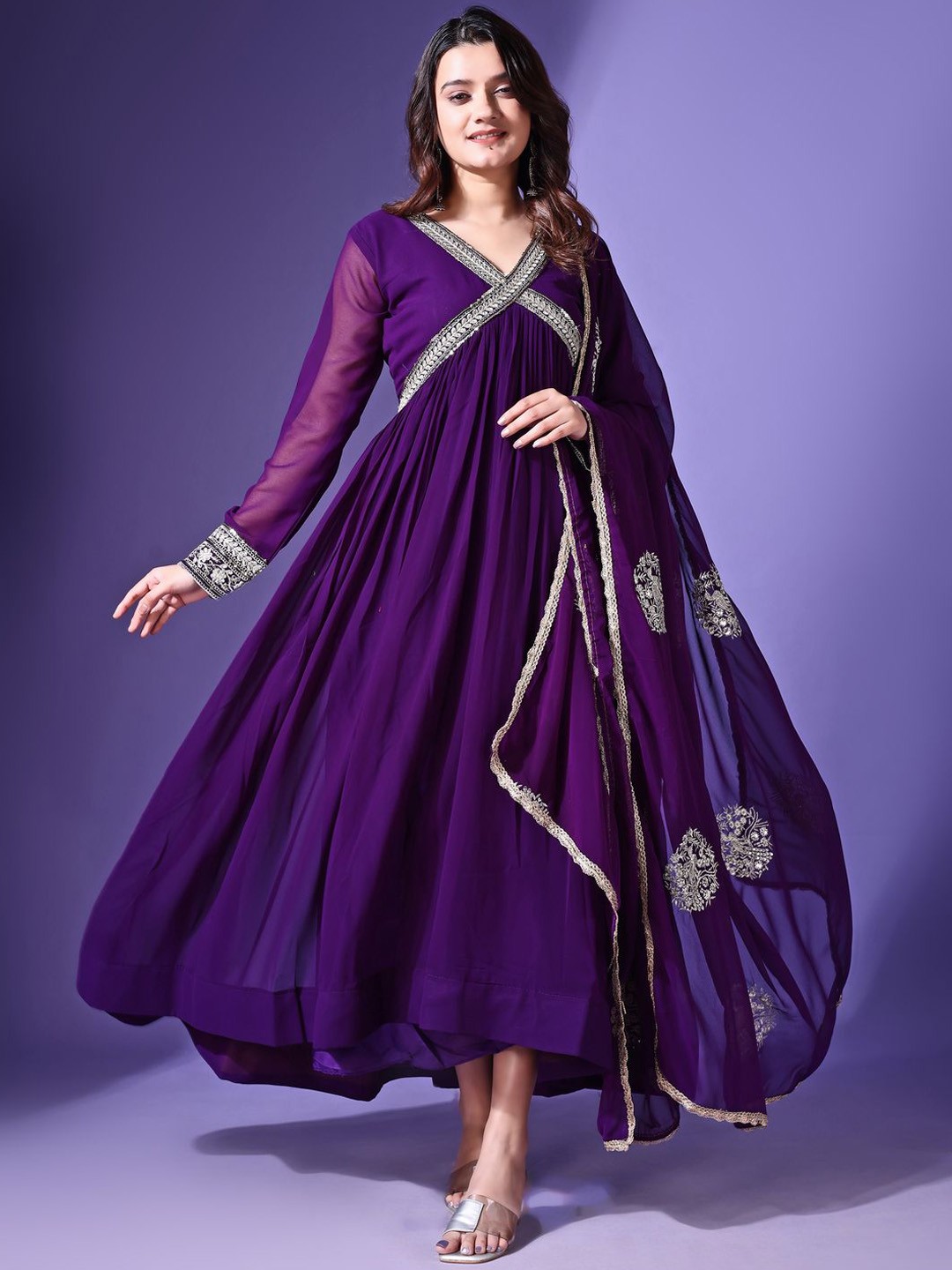 

KALINI Thread Work V-Neck Georgette A-Line Kurta, Purple