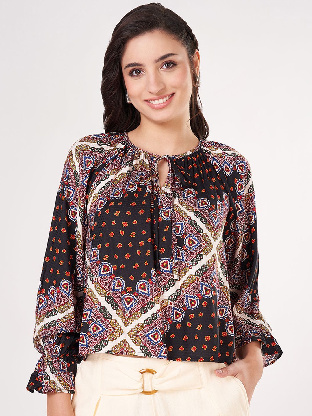 

Honey by Pantaloons Women Printed Puff Sleeve Top, Black