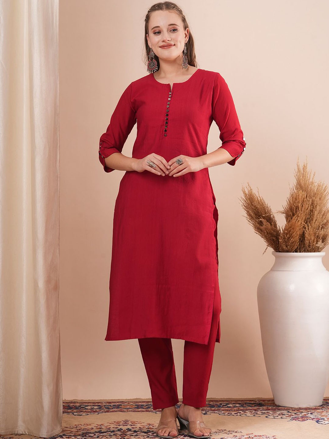 

FASHOR Round Neck Three-Quarter Sleeves Tunic With Trousers, Red