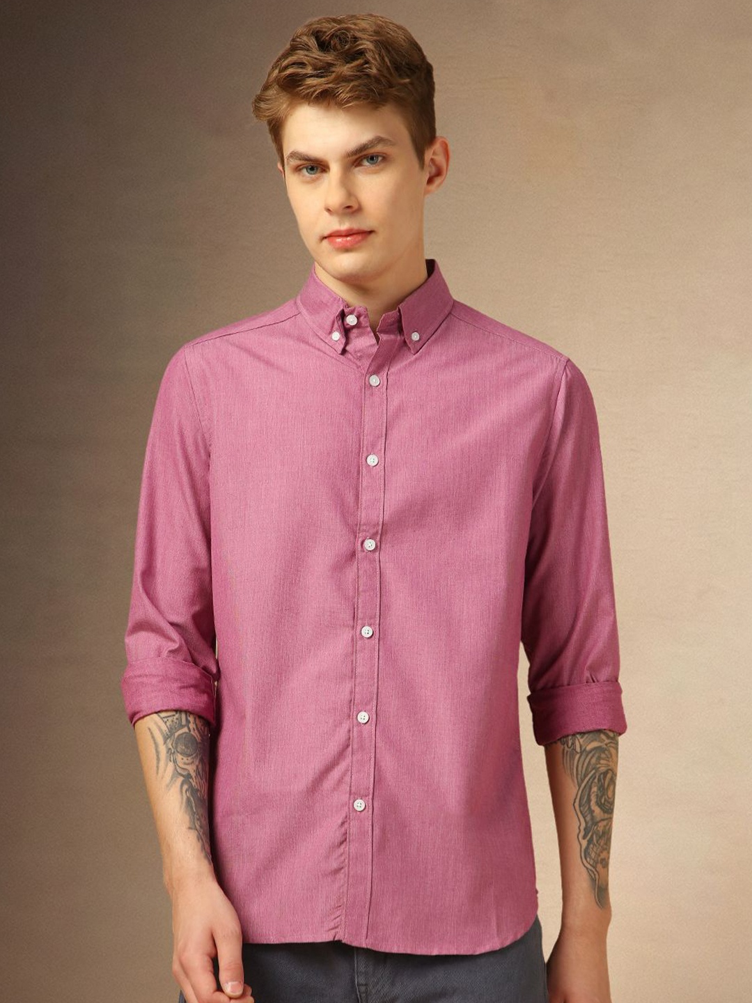 

Dennis Lingo Men Classic Slim Fit Button Down Collar Pure Cotton Casual Shirt, Pink