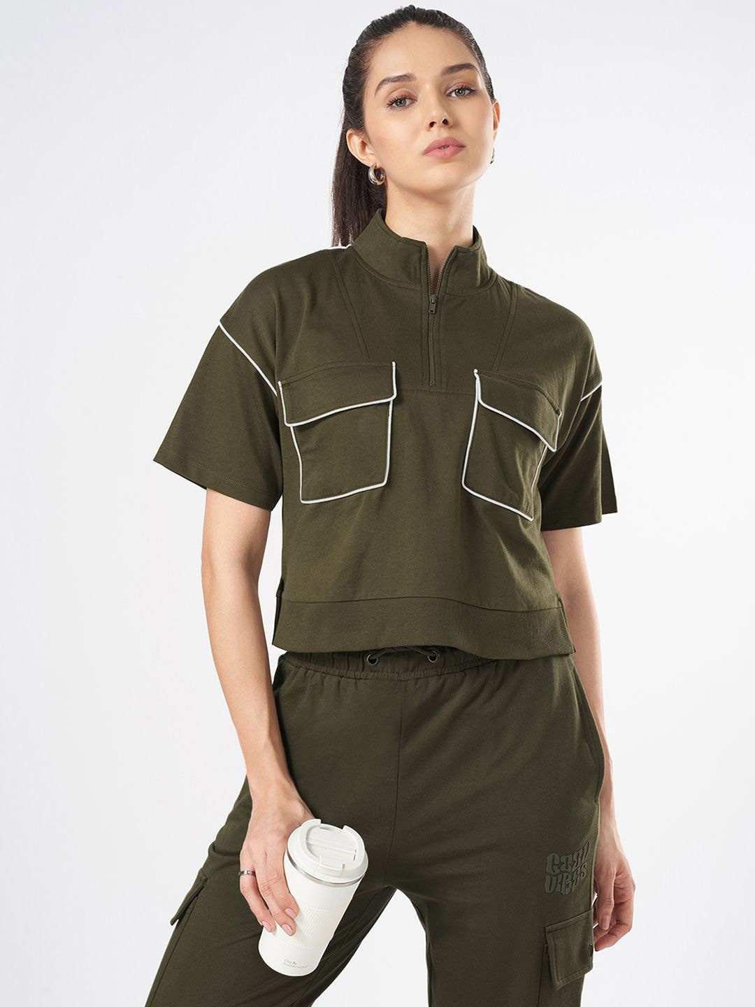 

Ajile by Pantaloons Women Cotton High Neck Top, Olive