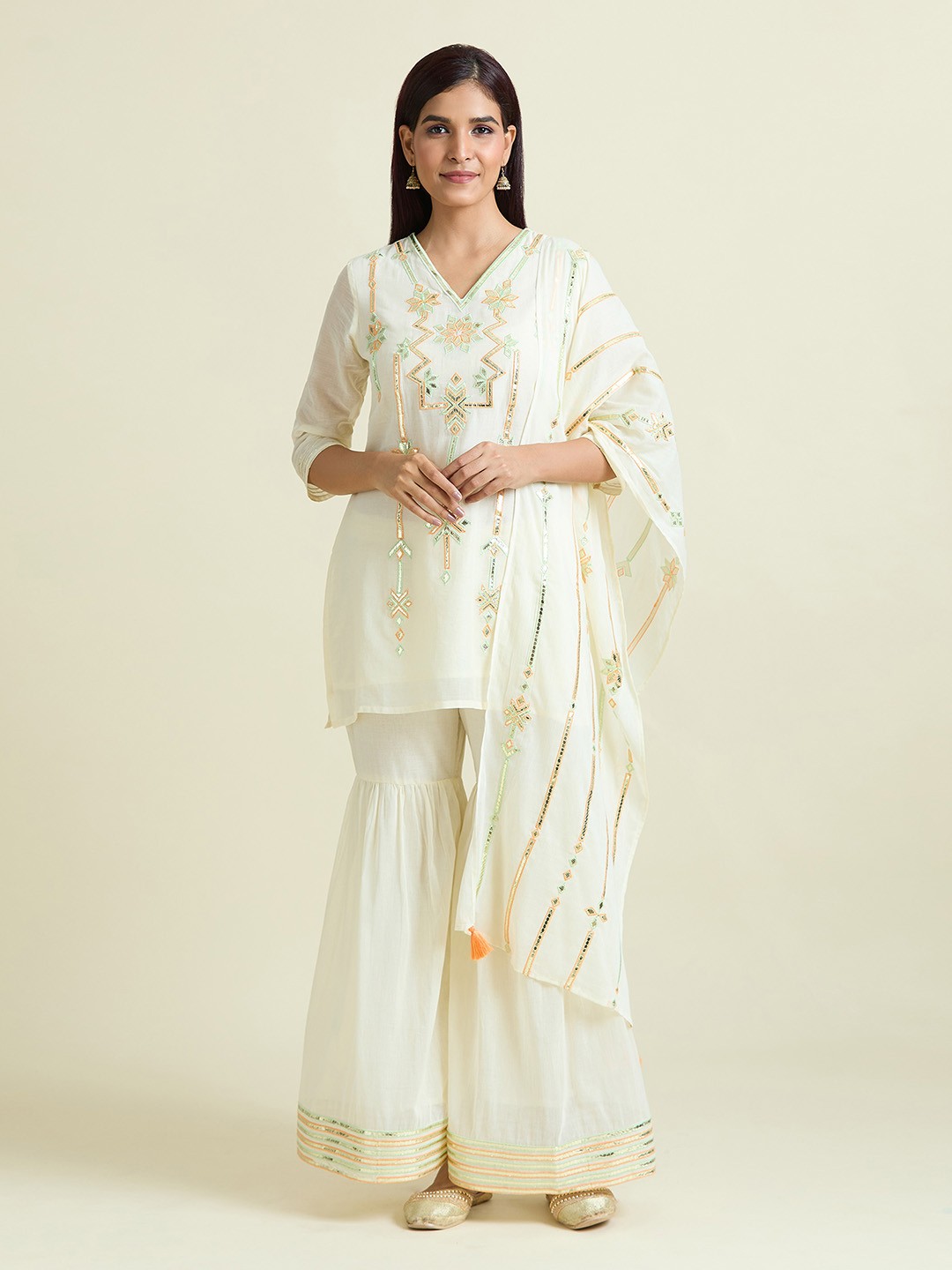 

Adara Khan Floral Embroidered Thread Work Pure Cotton A-Line Kurti with Sharara & Dupatta, Cream