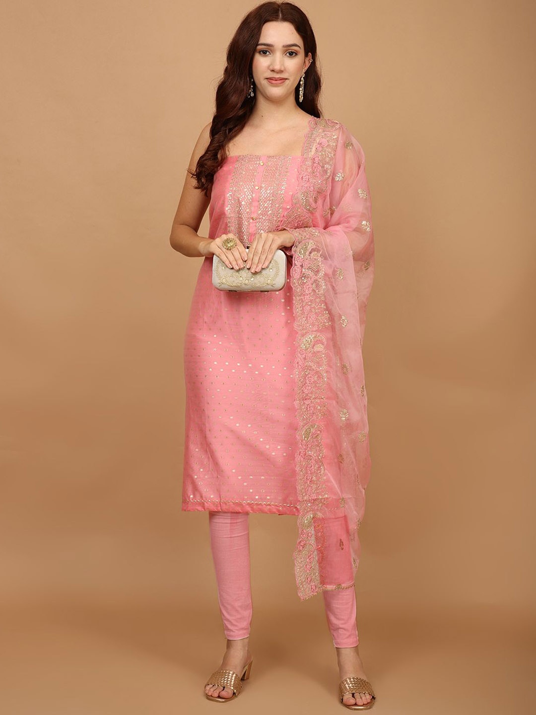 

Meena Bazaar Woven Design Unstitched Dress Material, Pink