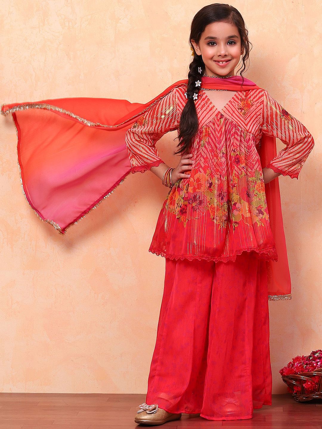

Biba Girls Floral Printed V-Neck A-Line Kurta with Palazzos & Dupatta, Orange