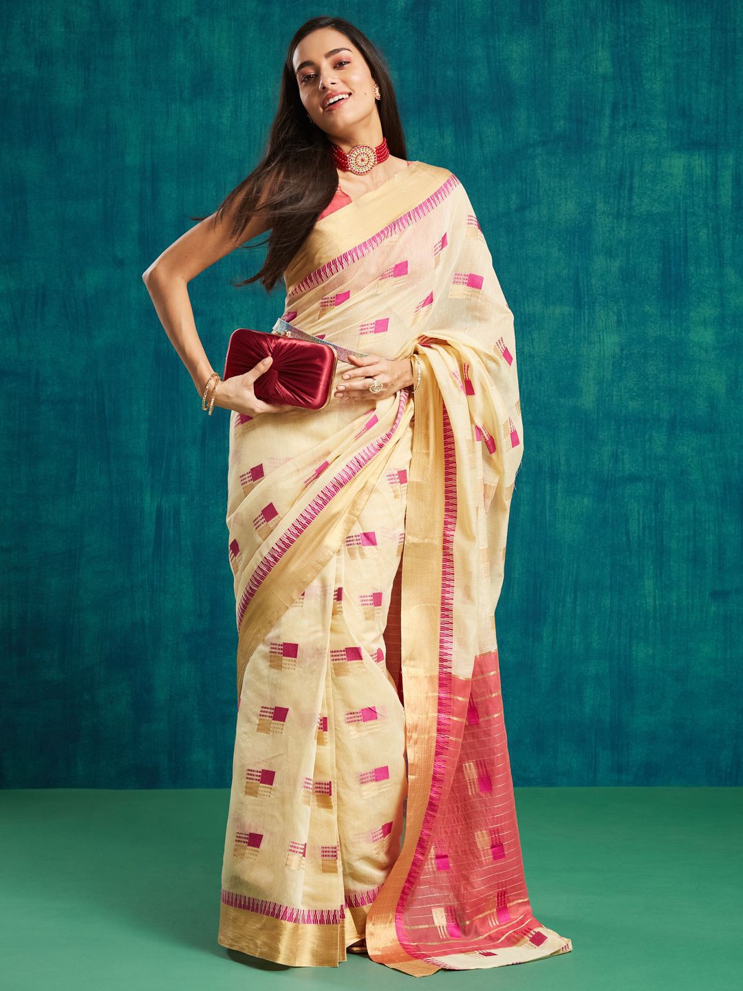 

RACHNA Abstract Printed Ready to Wear Dharmavaram Saree, Cream