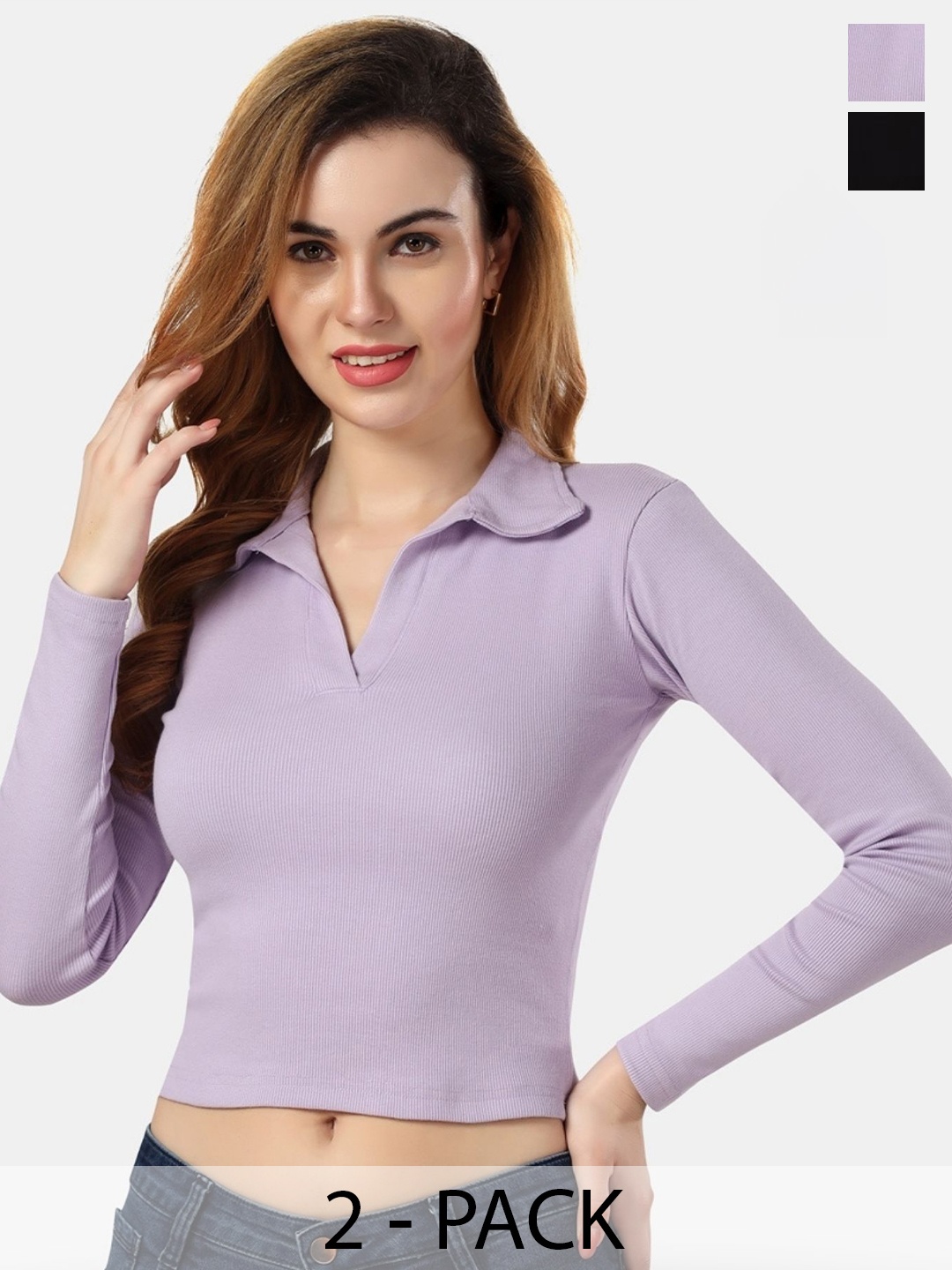 

Fabme Pack Of 2 Women Cotton Shirt Collar Crop Top, Lavender