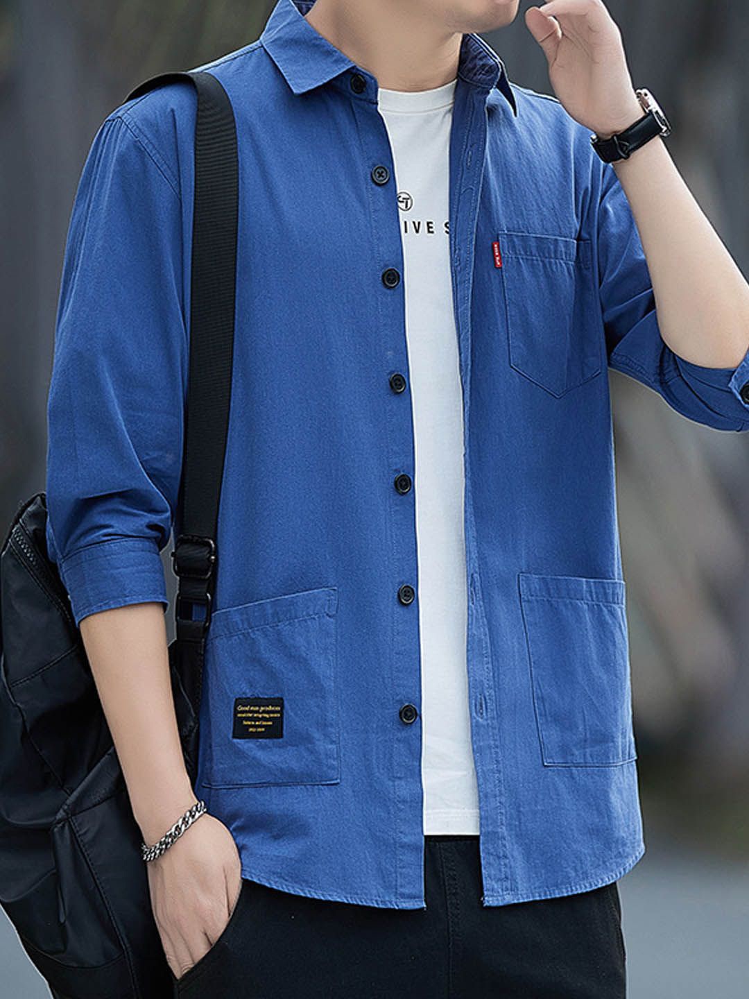 

StyleCast Men Spread Collar Solid Cotton Casual Shirt, Navy blue