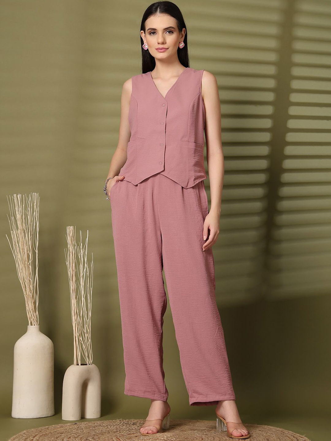 

plusS V-Neck Sleeveless Pure Cotton Waistcoat With Trouser, Pink