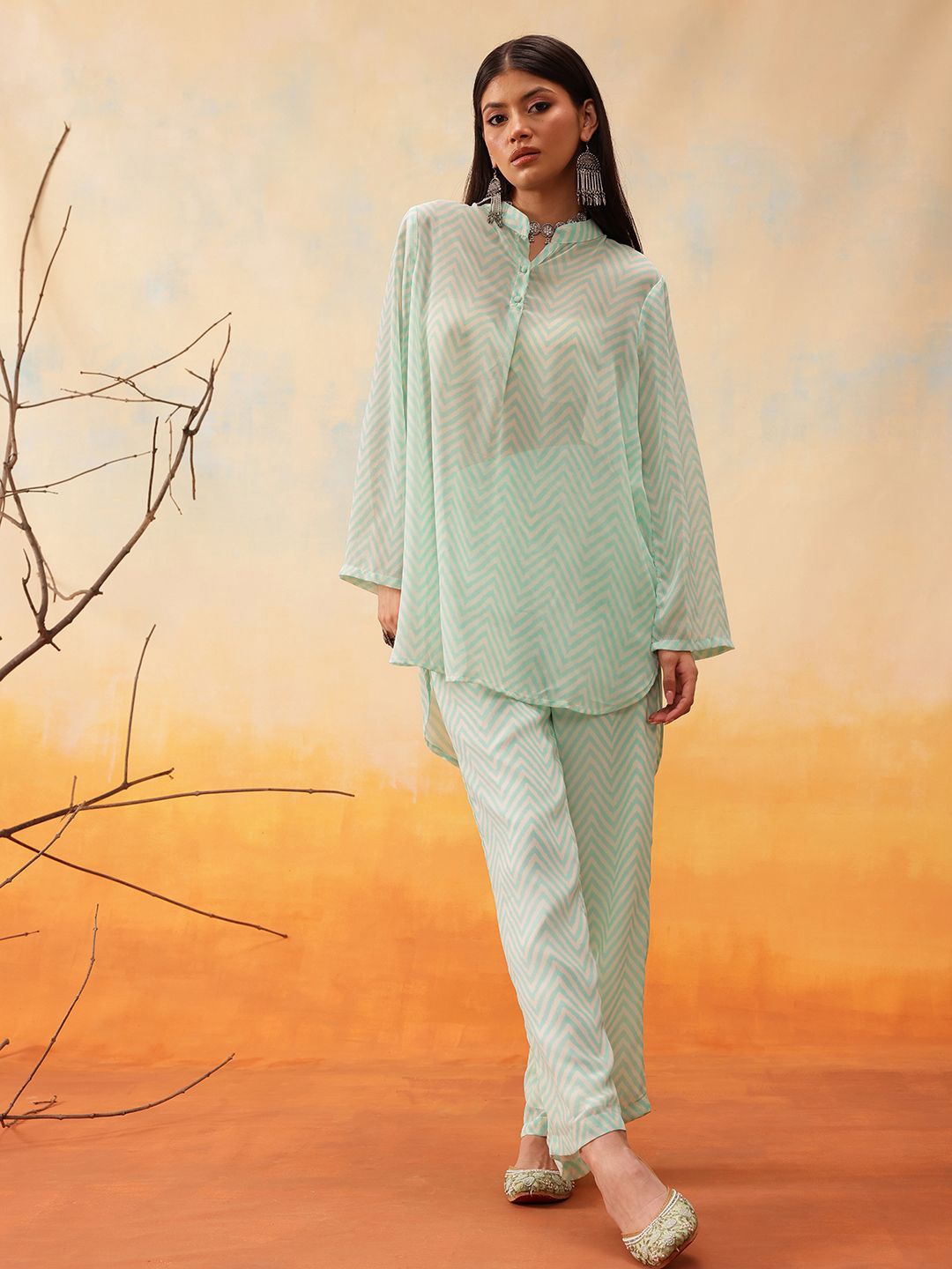 

indo street Striped Mandarin Collar Top With Trousers, Green