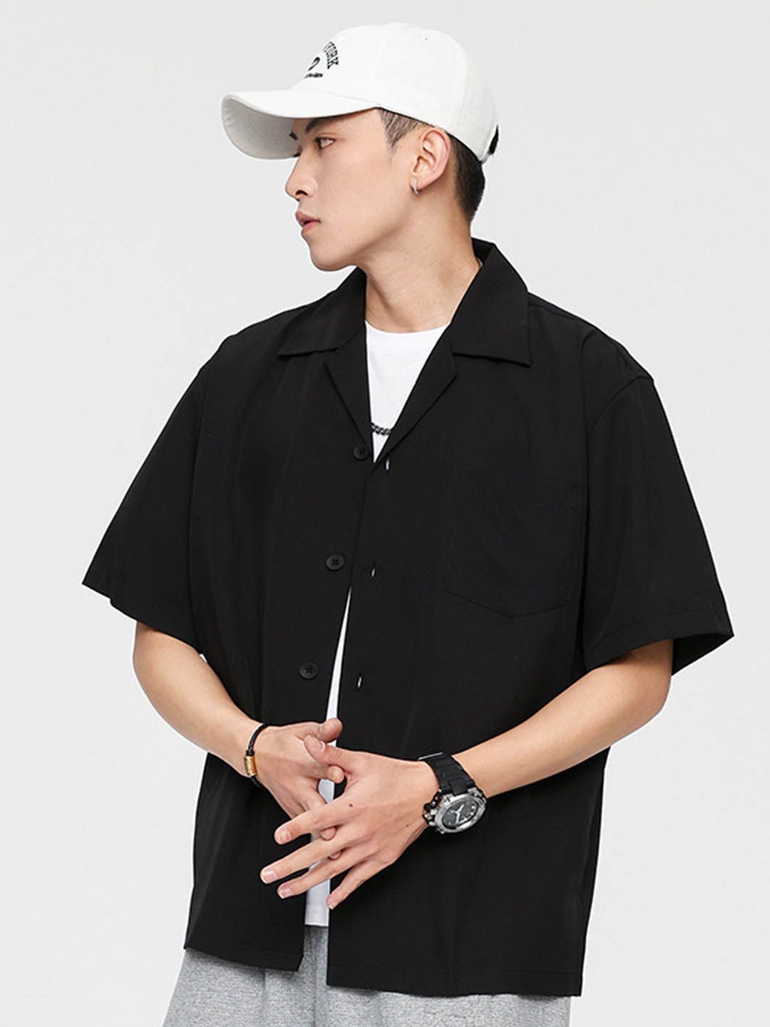

StyleCast Men Cuban Collar Solid Cotton Casual Shirt, Black