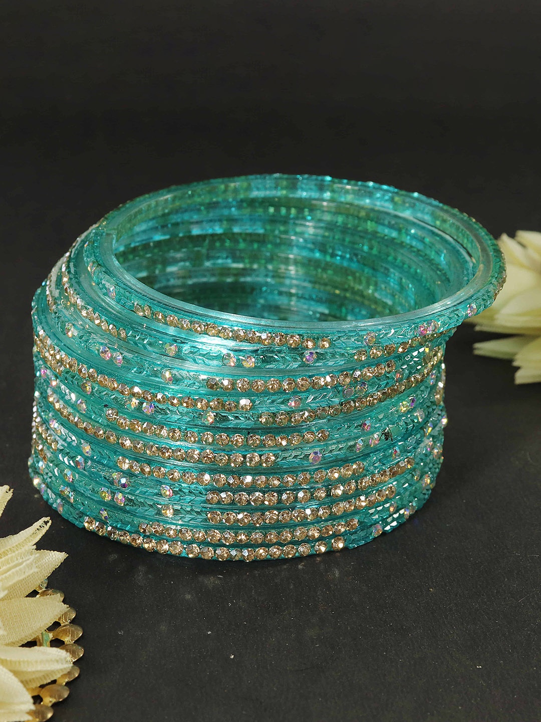 

LAVAZZA Set of 12 Glass Zircon Diamond Studded Bangles, Fluorescent green