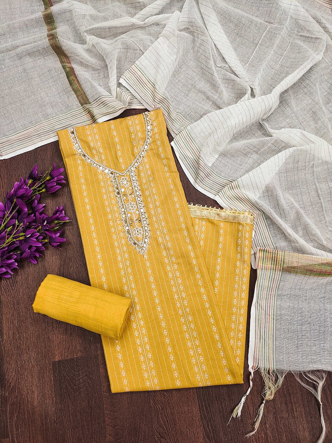 

Maroosh Striped Embellished Beads and Stones Unstitched Dress Material, Yellow