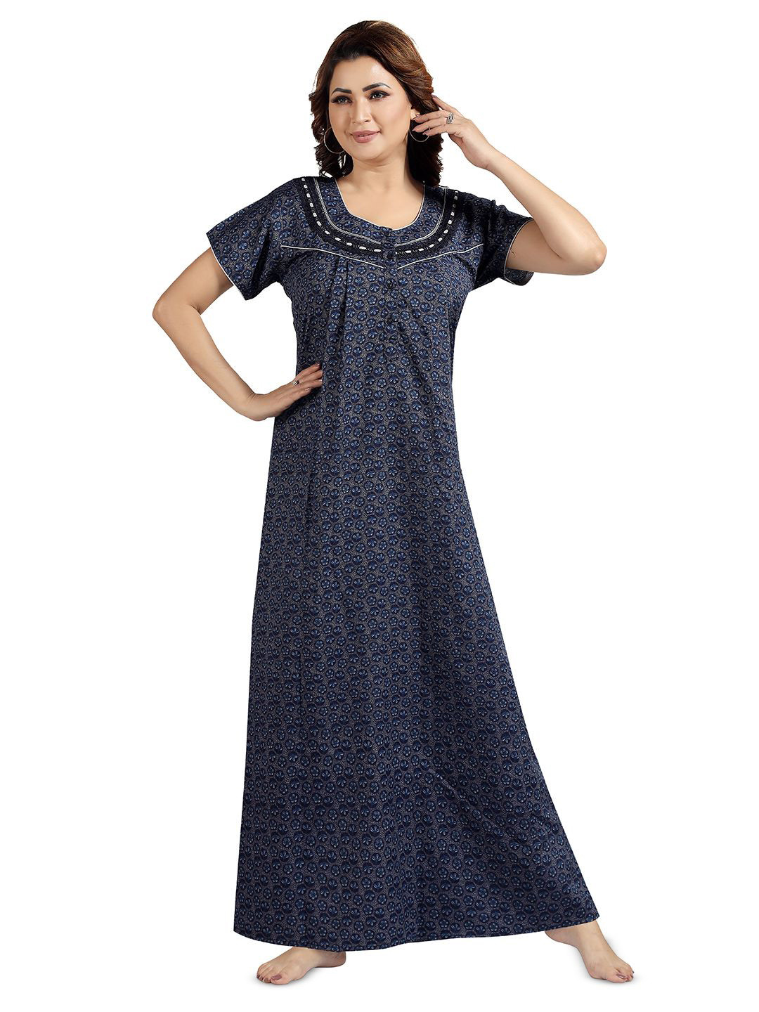 

NIGHT QUEEN Women Printed Maxi Nightdress, Blue