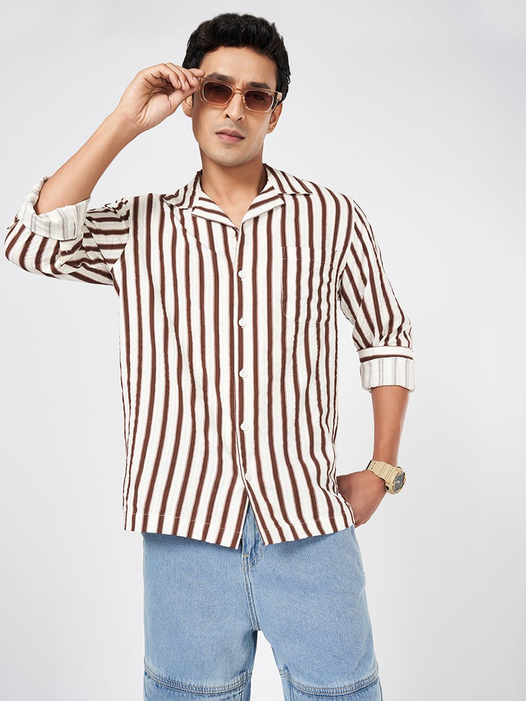 

People Men Cuban Collar Vertical Striped Cotton Boxy Casual Shirt, White