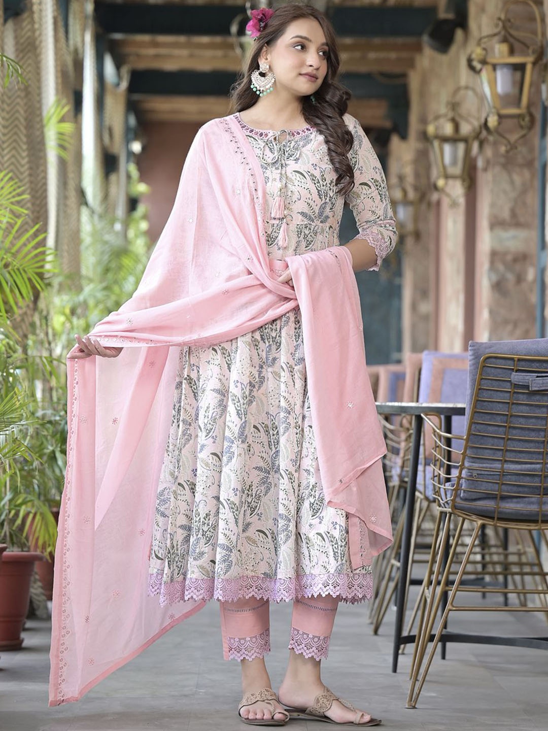 

KALINI Floral Printed Regular Pure Cotton Anarkali Kurta with Trousers & Dupatta, Pink