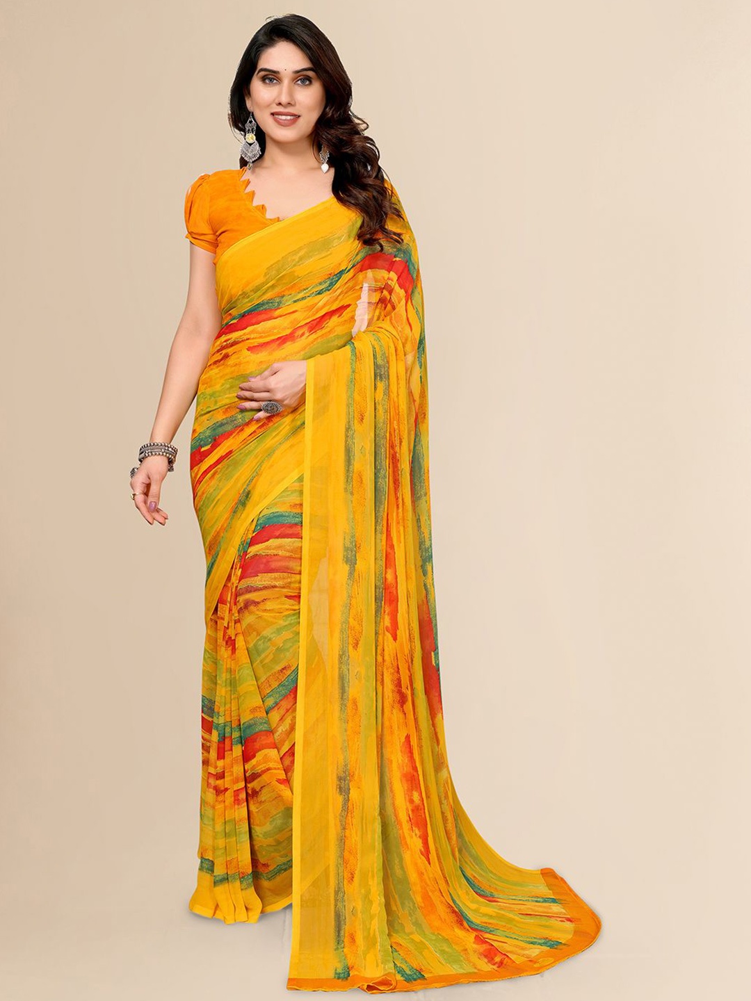 

ANAND SAREES Printed Saree with Blouse Piece, Yellow