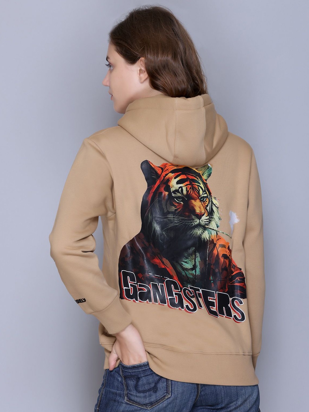 

BIZARRELY Women Printed Hooded Sweatshirt, Beige