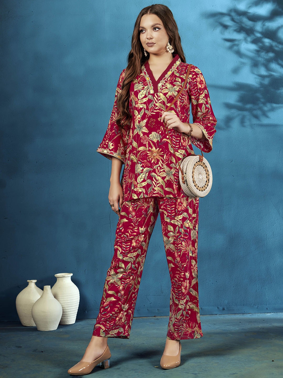 

Anouk Floral Printed V-Neck Three-Quarter Sleeves Top & Trouser, Maroon