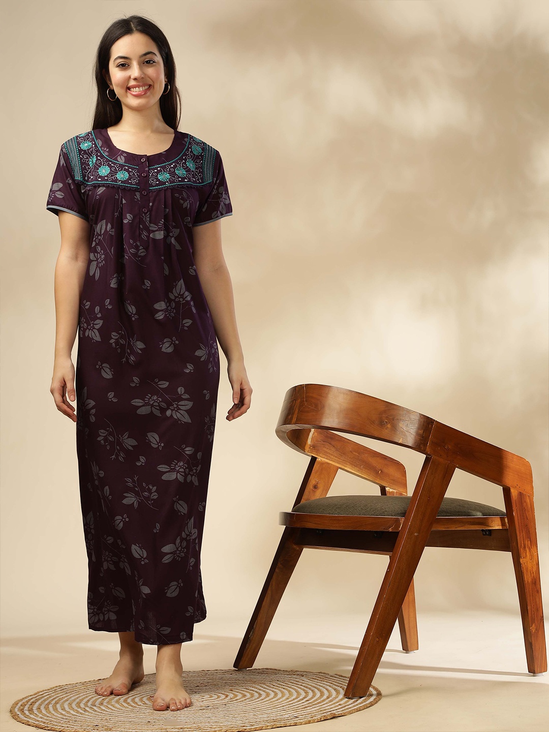 

9shines Label Women Tropical Printed Embroidered Maxi Nightdress, Burgundy