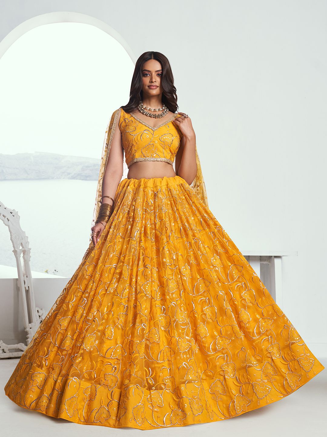 

FABPIXEL Embroidered Sequinned Net Semi-Stitched Lehenga & Unstitched Blouse With Dupatta, Yellow