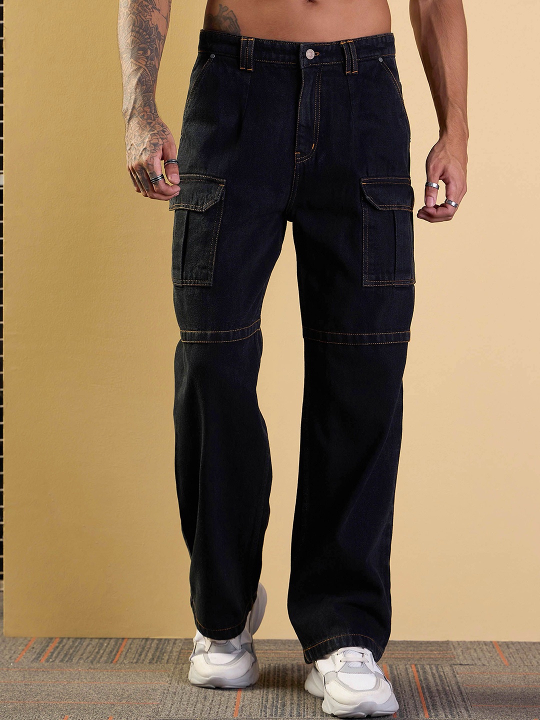 

MASCLN SASSAFRAS Men Comfort Wide Leg Jeans, Black
