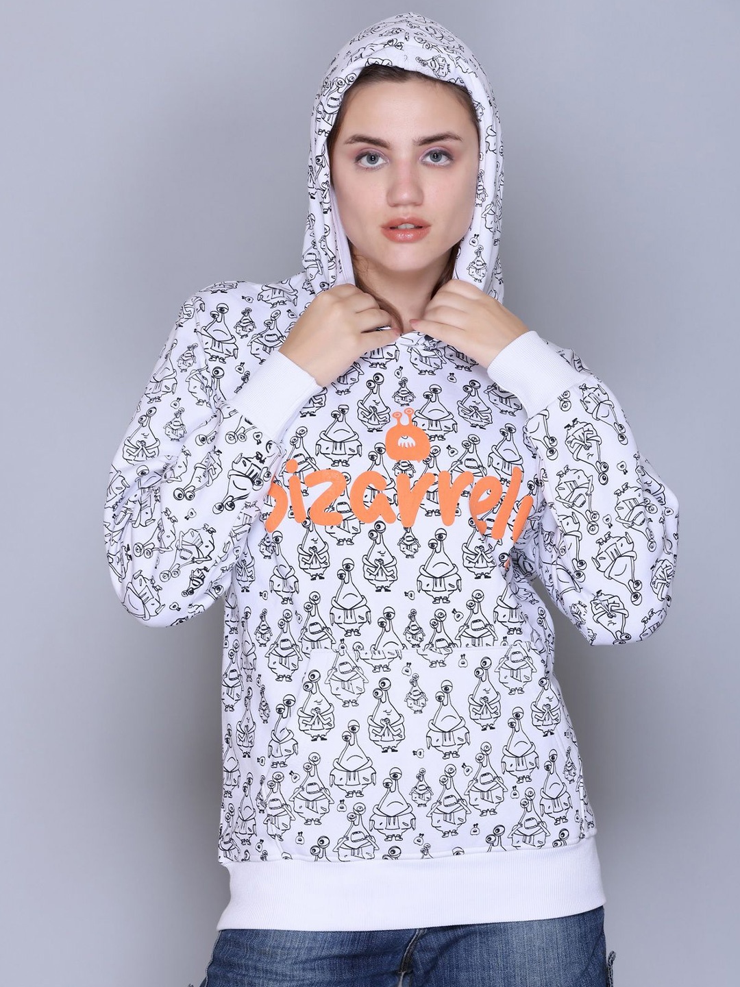 

BIZARRELY Women White Printed Hooded Sweatshirt