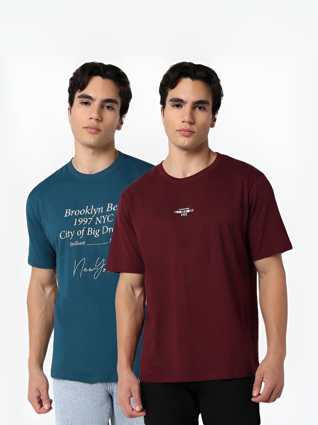 

R&B Men Pack Of 2 Typography Printed Round Neck Cotton T-shirts, Maroon