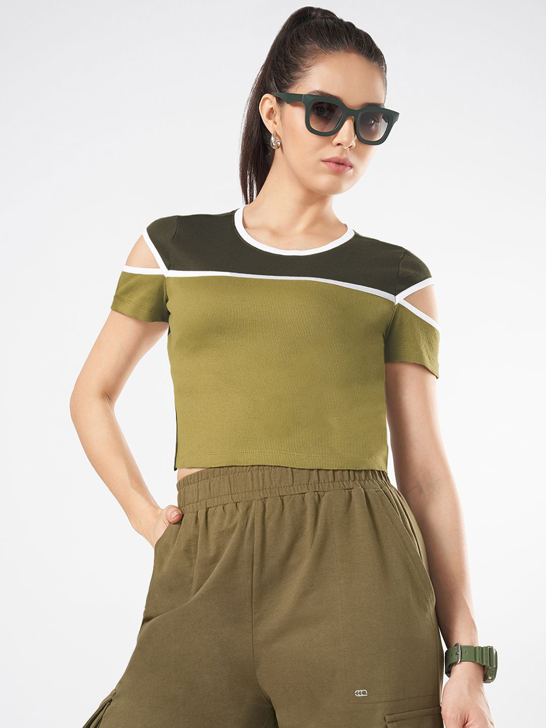 

Ajile by Pantaloons Women Round Neck Cotton Top, Olive