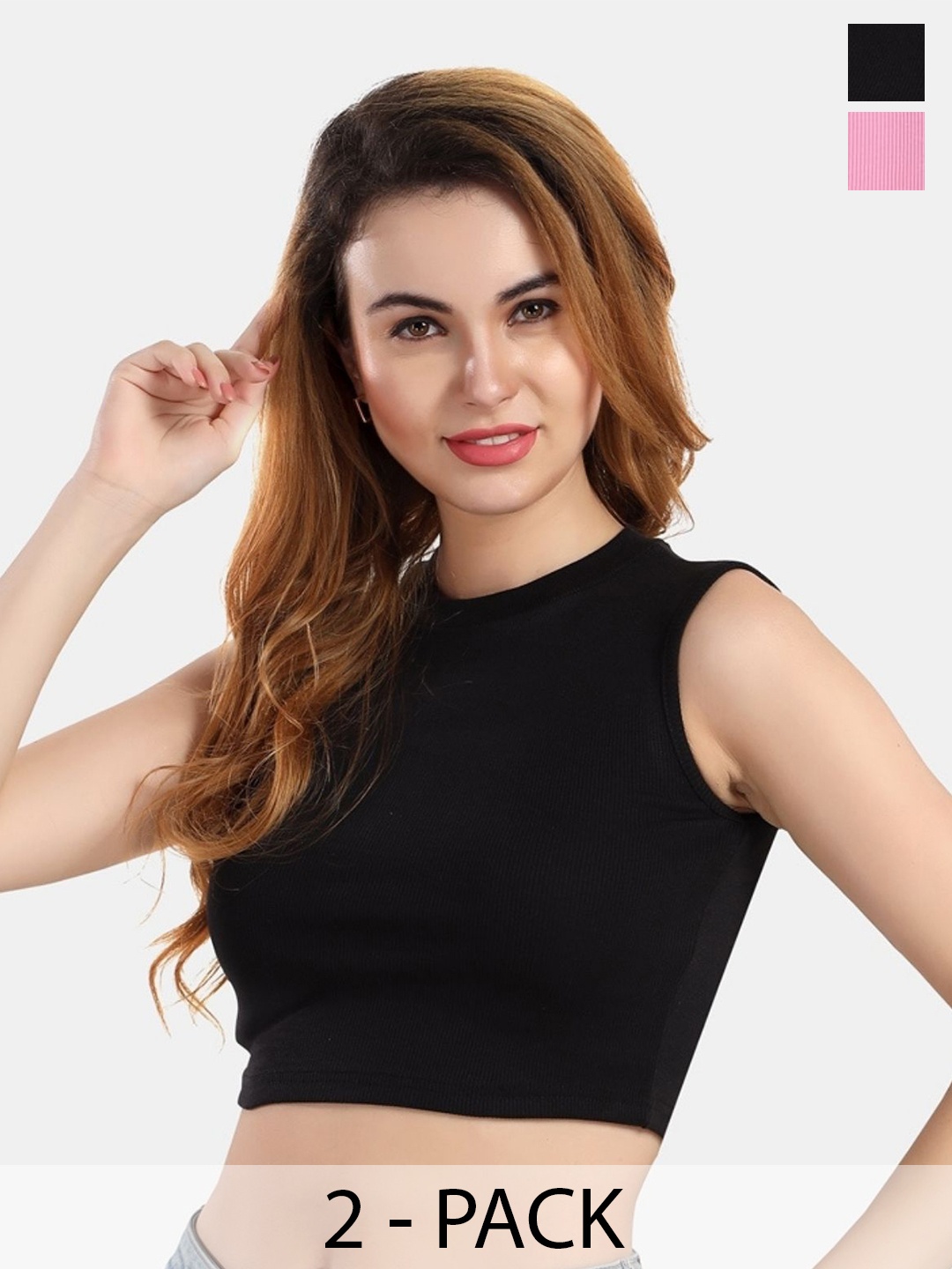 

Fabme Women Pack of 2 Sleeveless Cotton Crop Top, Black