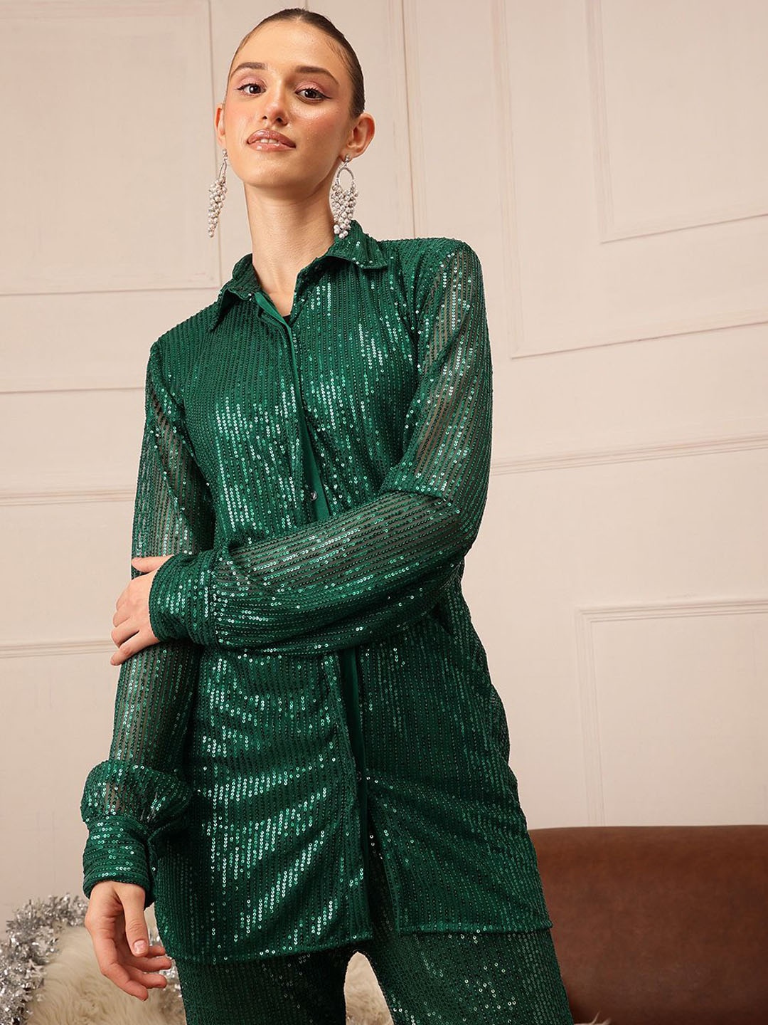 

ATRAENTA Embellished Sequinned Shirt & Trouser Co-Ords, Green