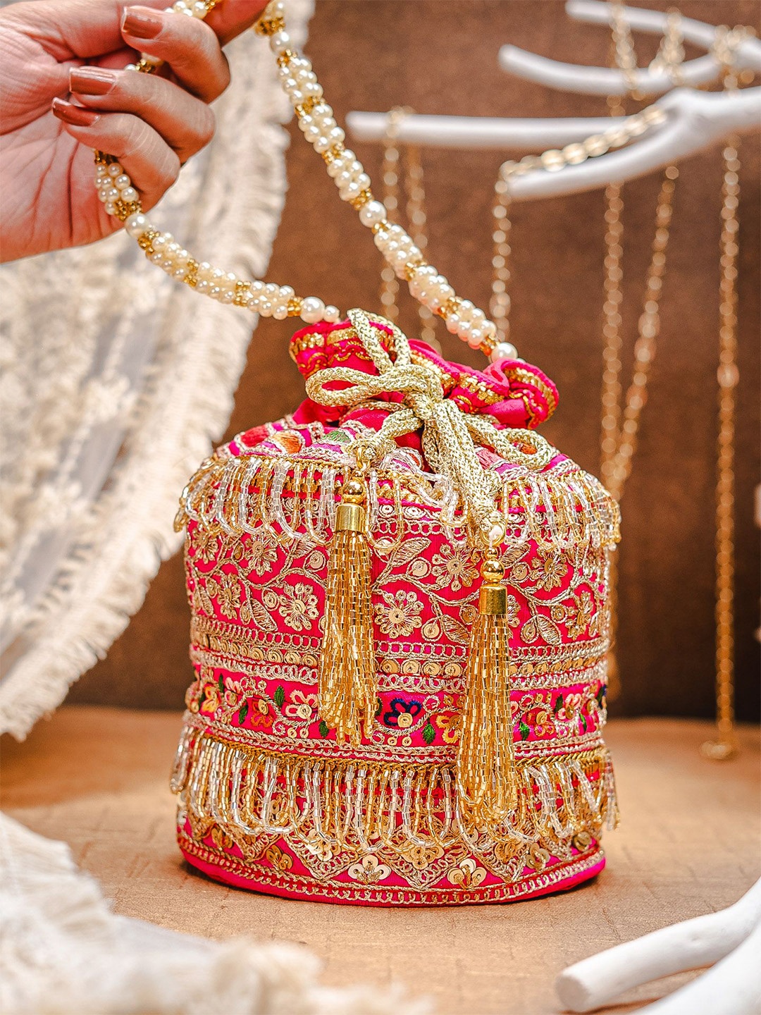 

NR By Nidhi Rathi Embroidered Potli Clutch, Pink