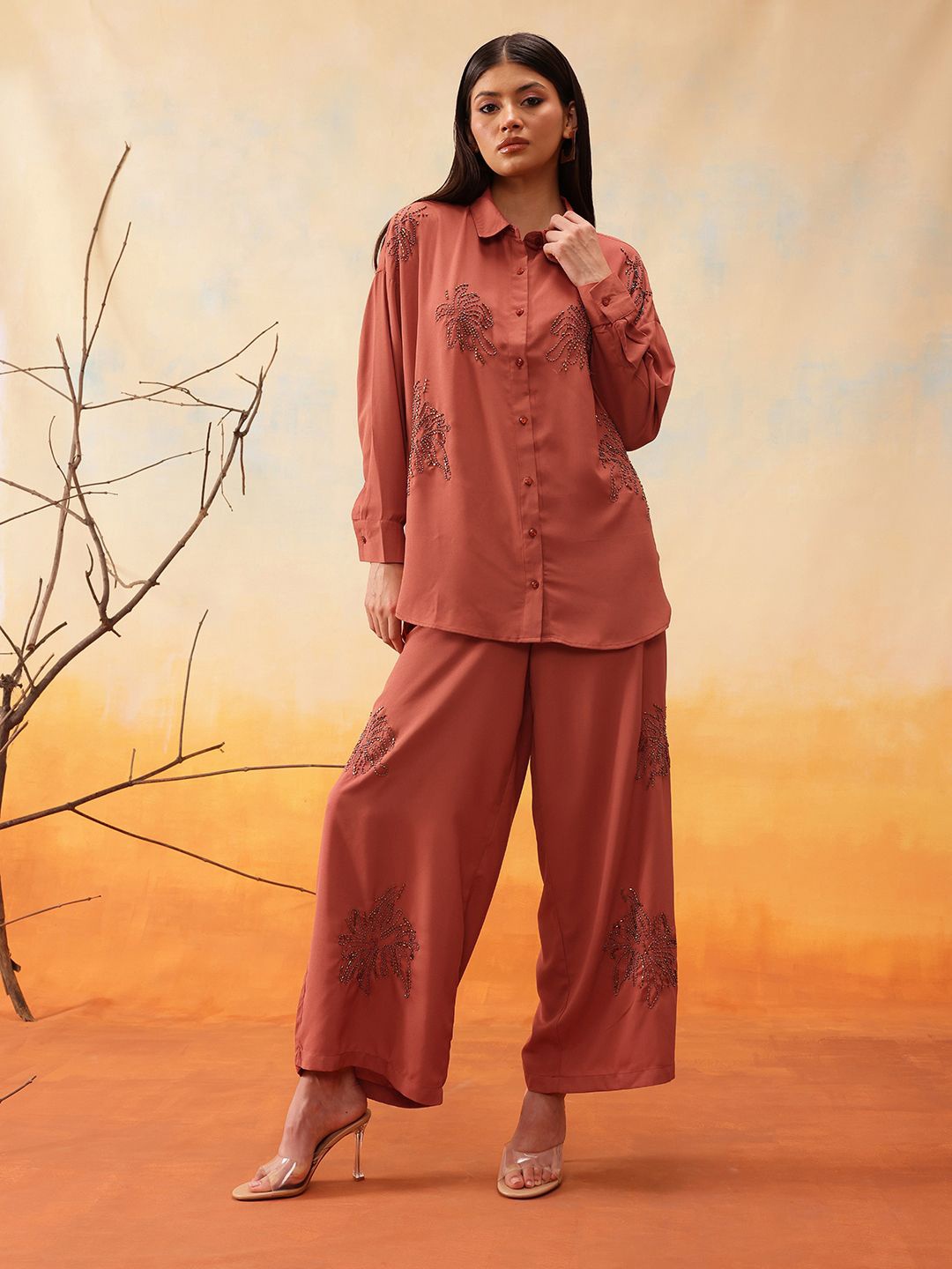 

indo street Embellished Shirt With Trousers, Rust