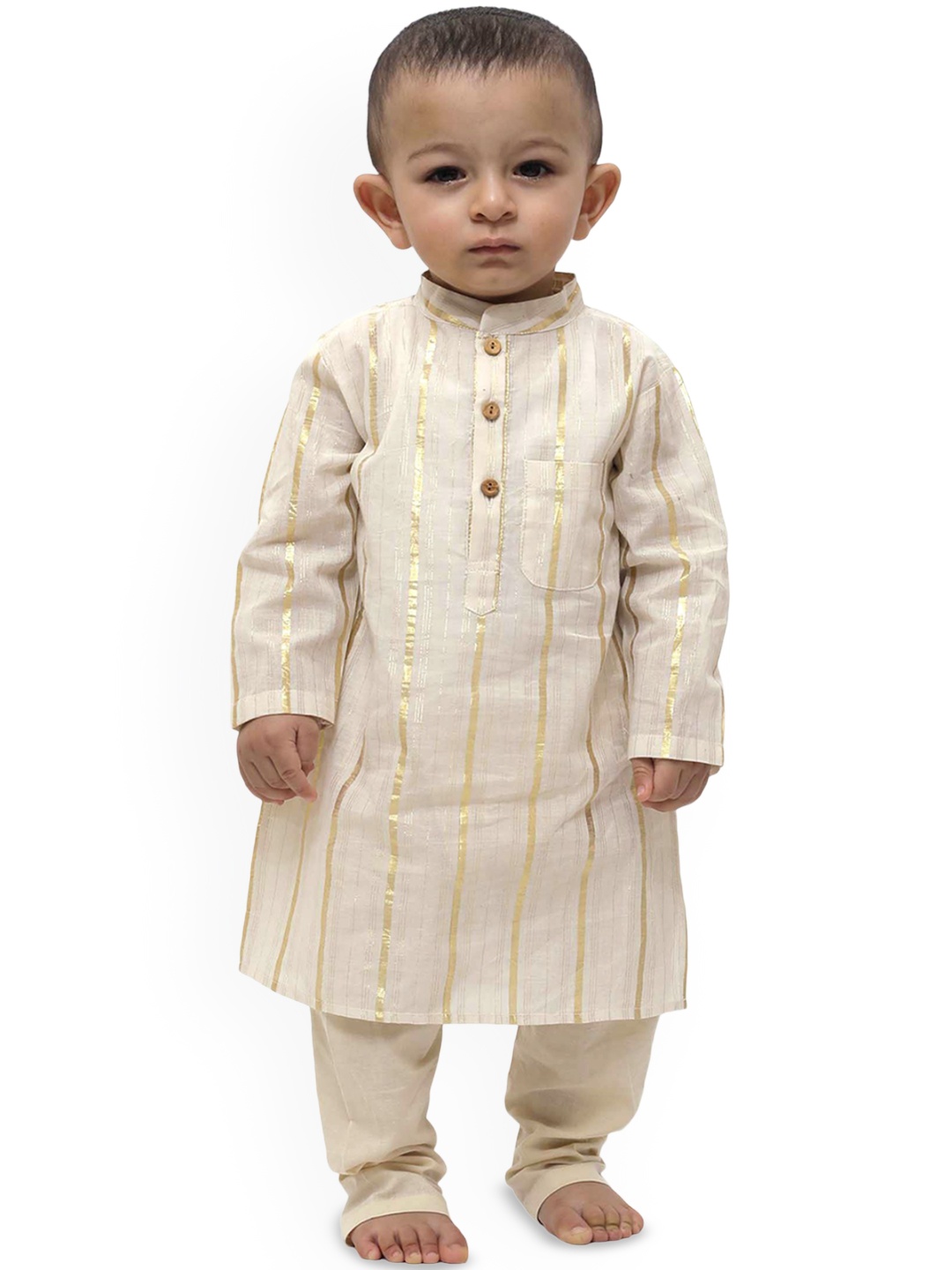 

TJORI Boys Striped Pure Cotton Kurta with Pyjamas, Off white