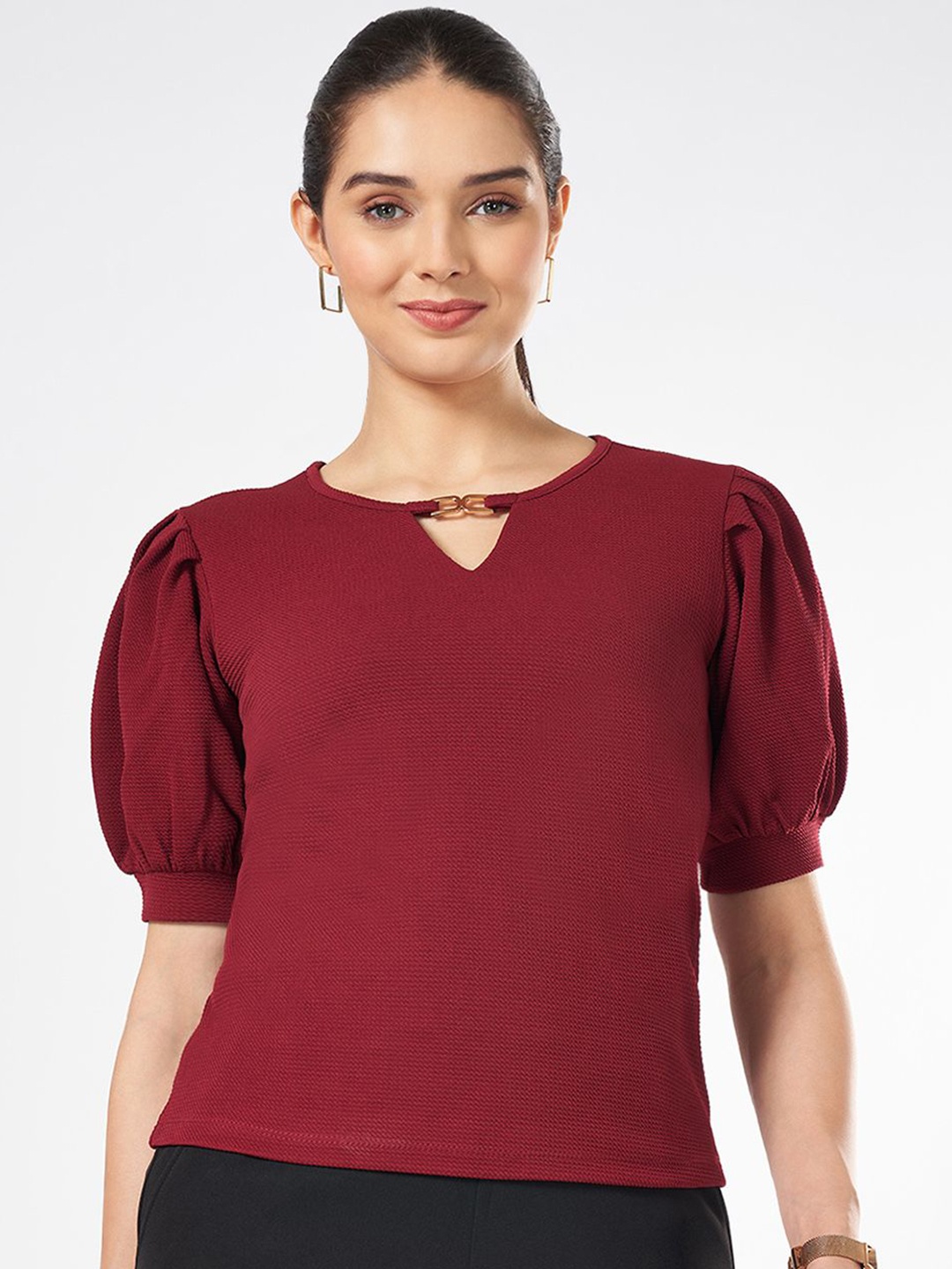 

Annabelle by Pantaloons Women Round Neck Puff Sleeve Top, Maroon