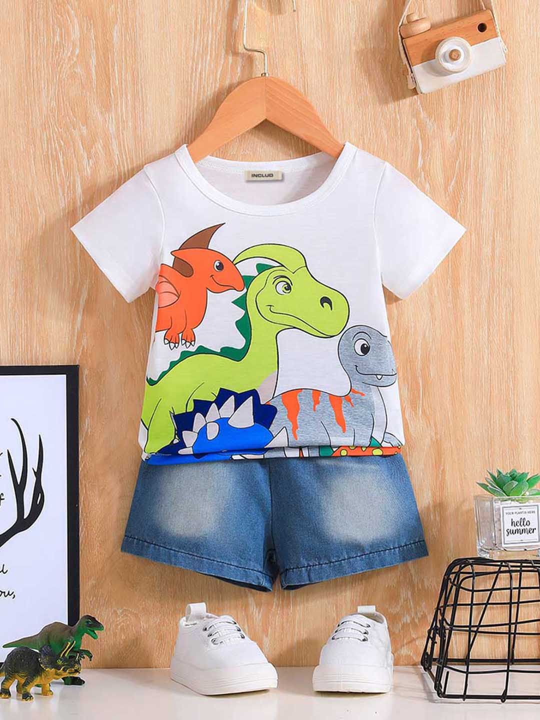 

INCLUD Boys Dinosaur Printed T-shirt with Shorts Clothing Set, White