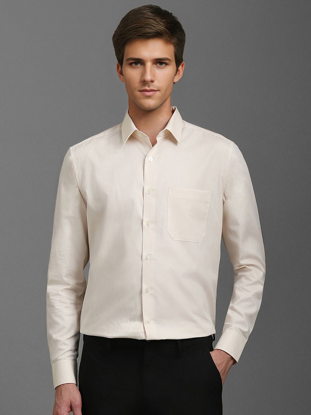 

Louis Philippe Men Spread Collar Solid Cotton Slim Fit Formal Shirt, Beige
