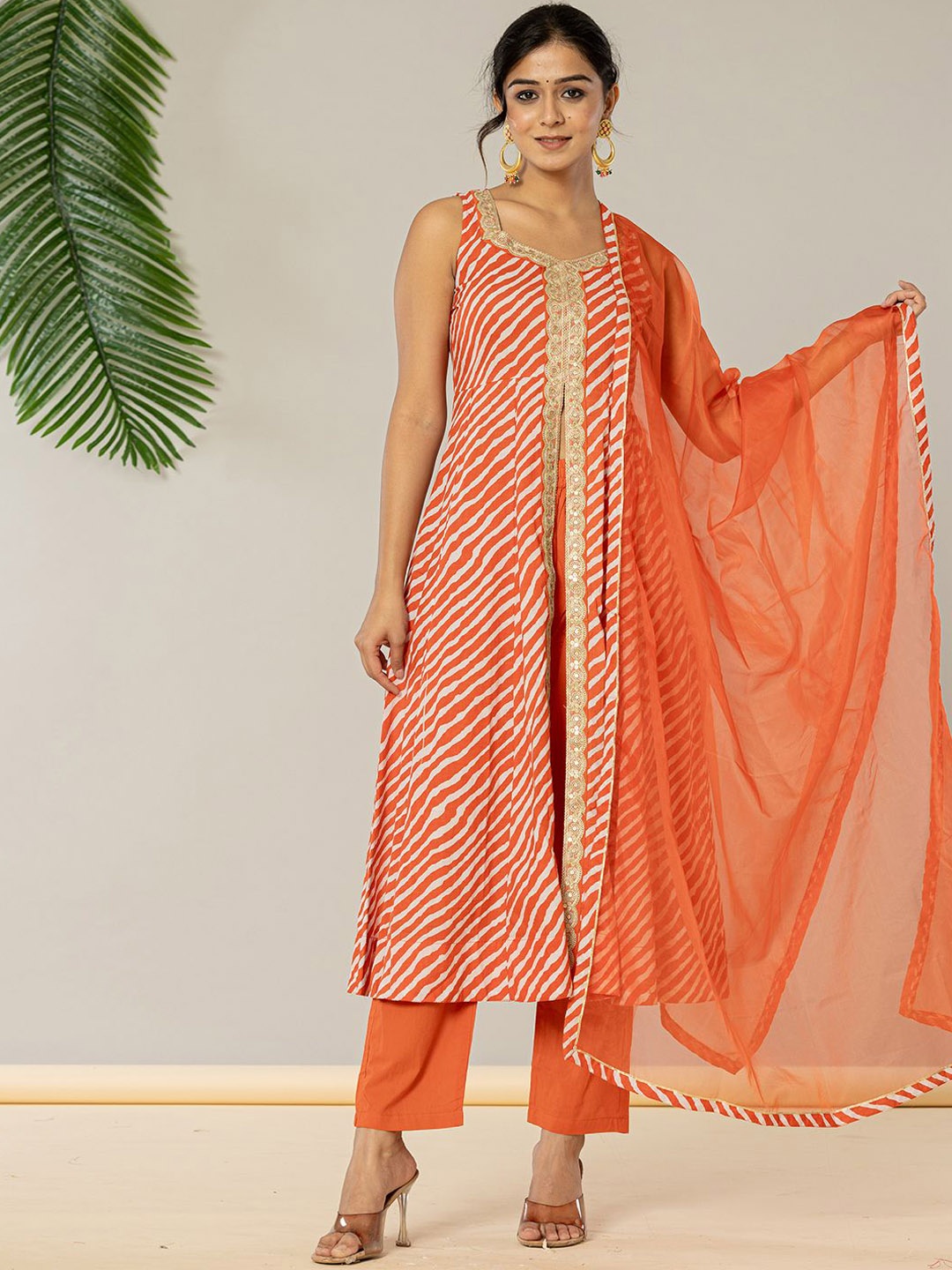 

Yufta Leheriya Printed Pure Cotton Anarkali Kurta with Trousers & With Dupatta, Orange