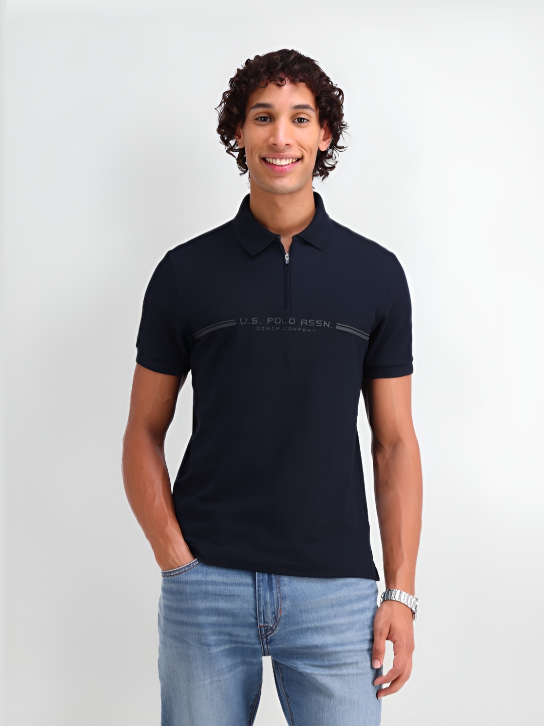 

U.S. Polo Assn. Denim Co. Men Typography Printed Polo Collar Cotton Slim Fit T-shirt, Navy blue