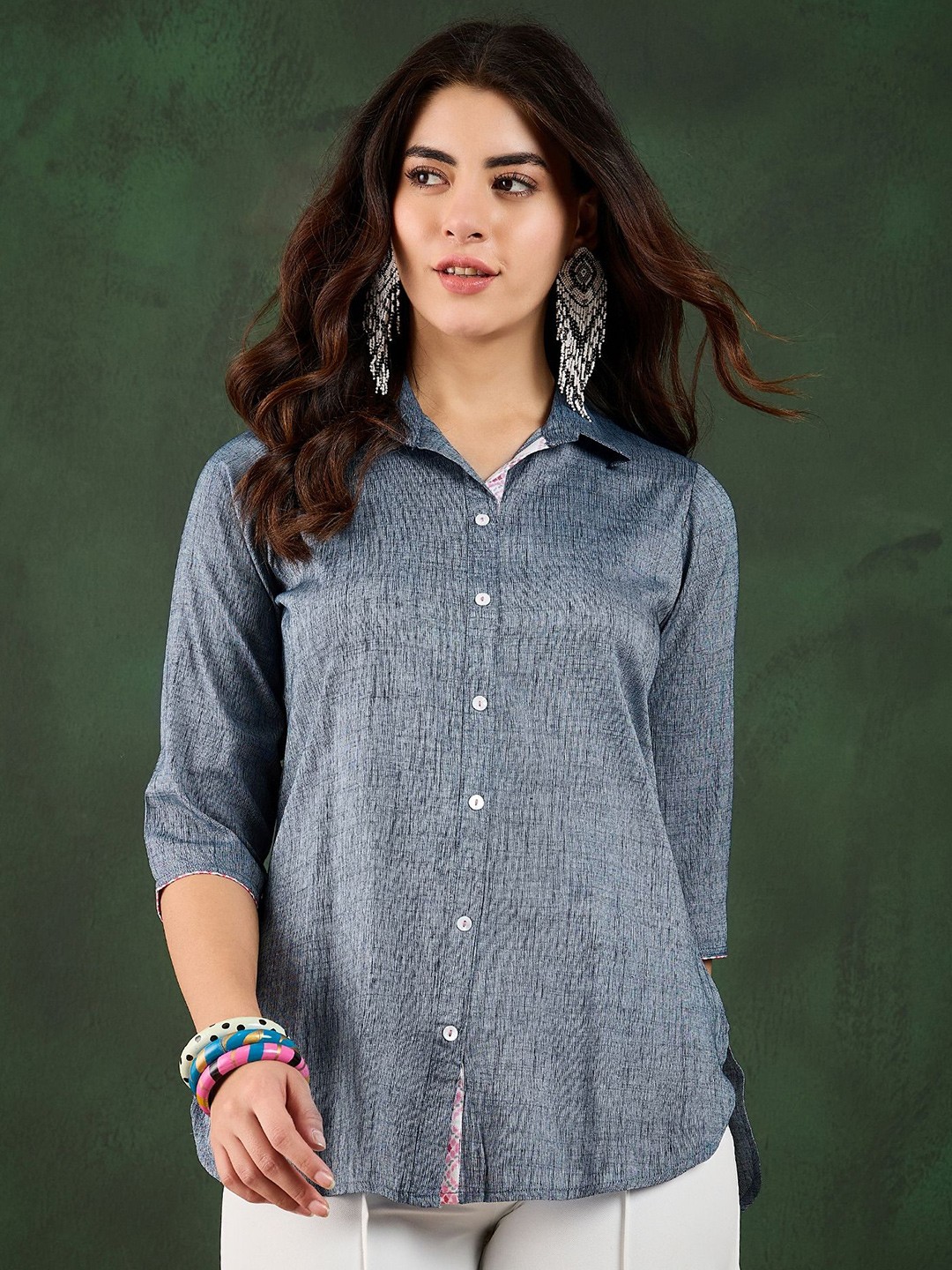 

Sangria Women Spread Collar Three Quarter Sleeve Shirt, Blue