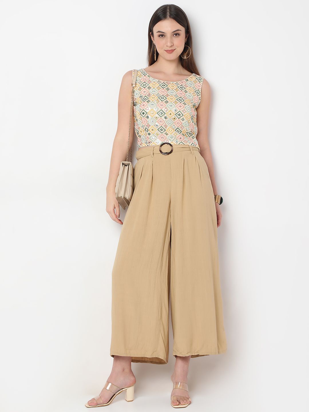 

Ethnicity Women Embellished Mirror Work Top, Beige