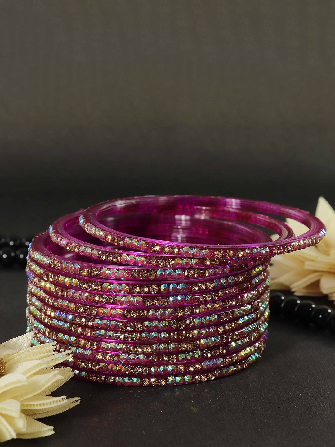 

LAVAZZA Set Of 12 Zircon Diamond Stone Studded & Beads Bangle, Purple