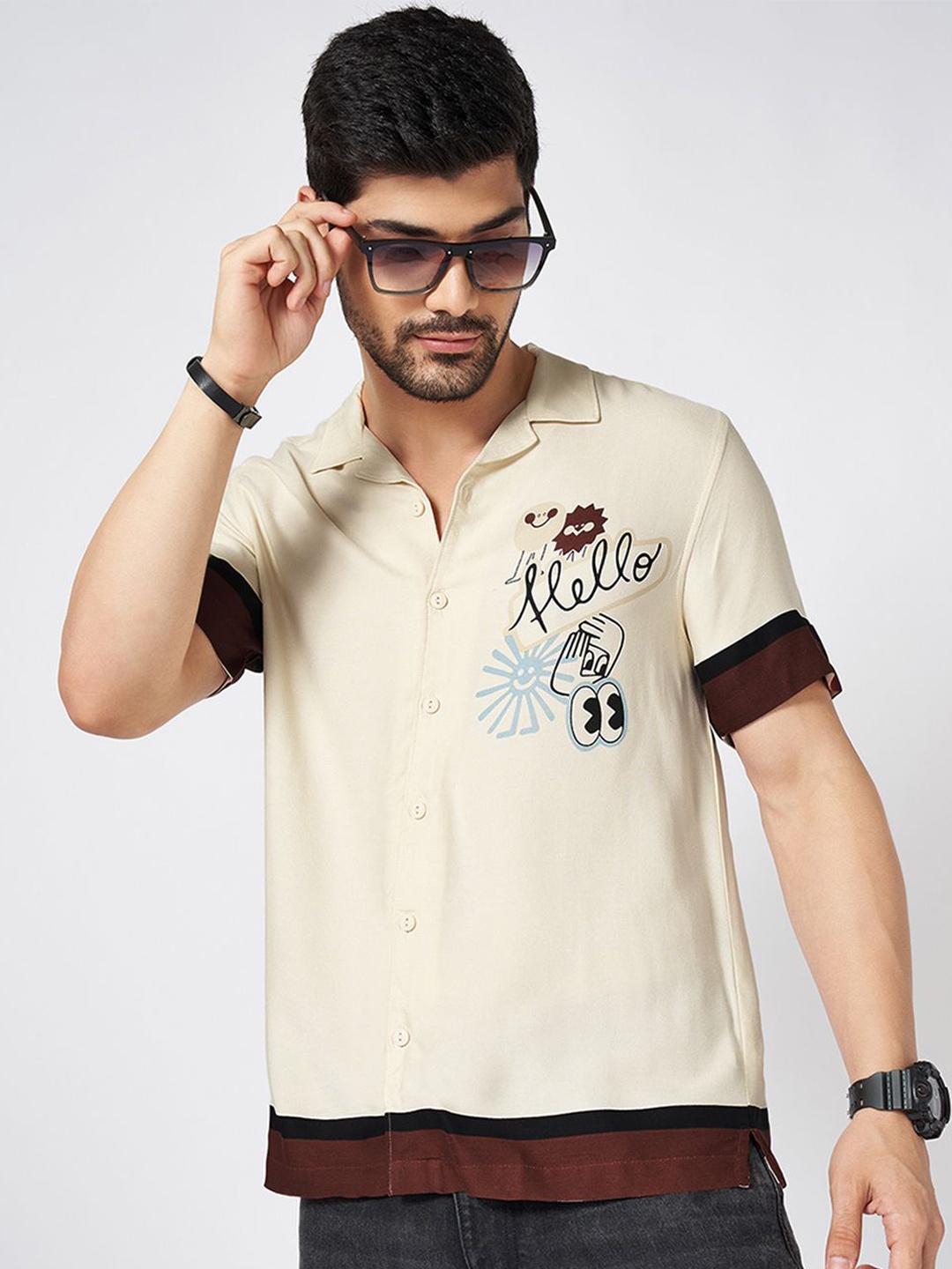 

People Men Cuban Collar Typography Printed Casual Shirt, Beige