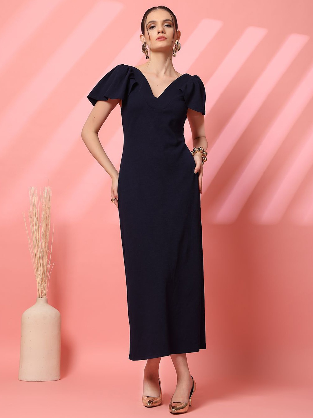 

STYLECAST X KASSUALLY Women Puff Sleeve Sheath Maxi Dress, Navy blue