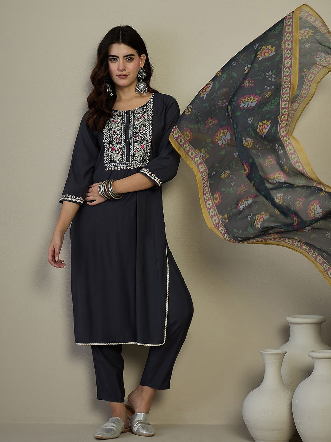 

Anouk Navy Blue Floral Embroidered Straight Kurta With Trouser & Dupatta