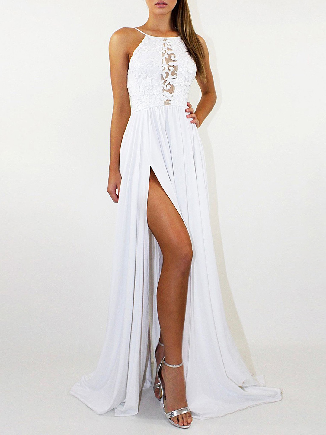 

LULU & SKY Women Round Neck Sleeveless Maxi Dress, White
