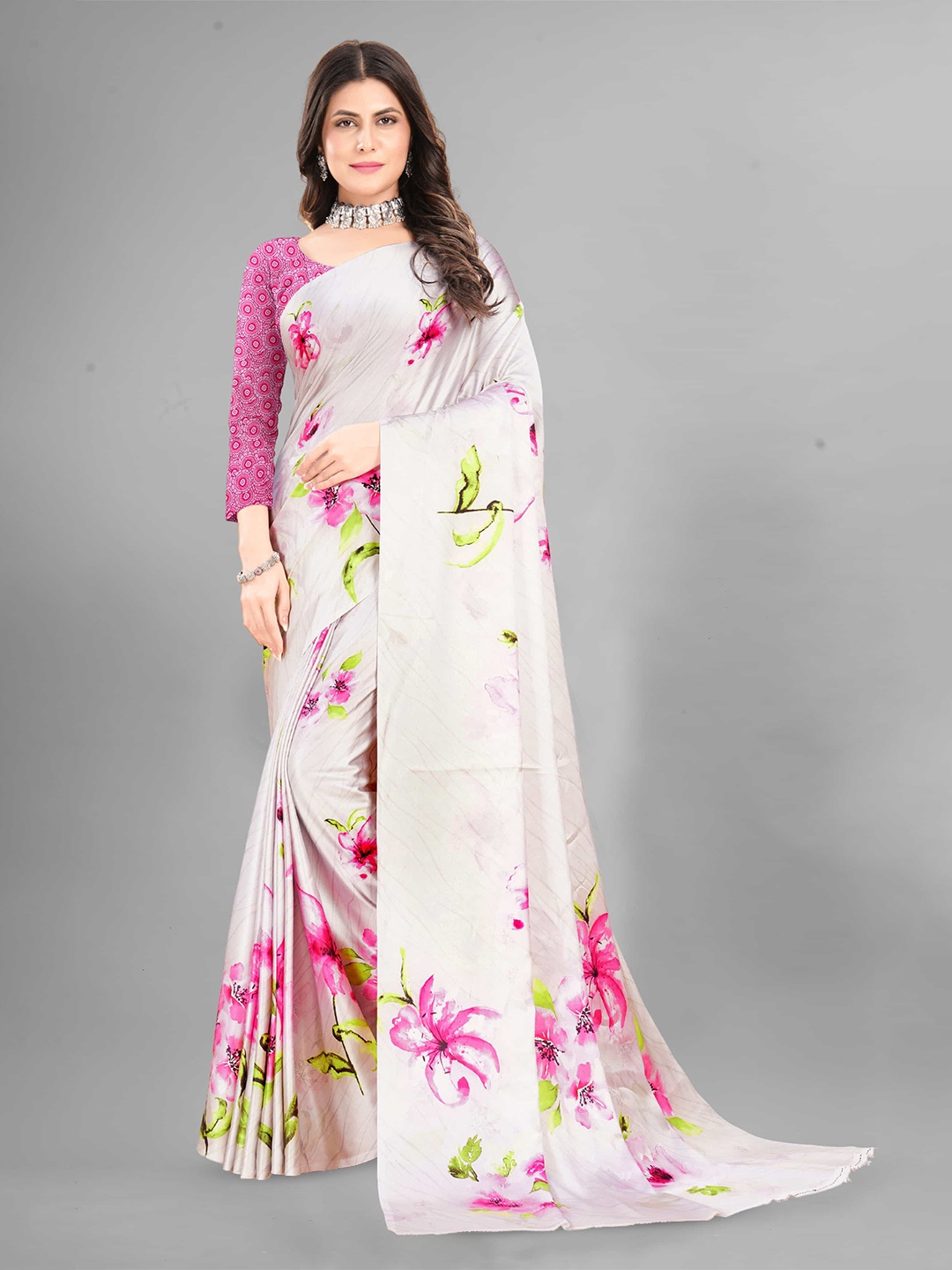 

V3 FASHION STUDIO Floral Printed Satin Saree, White