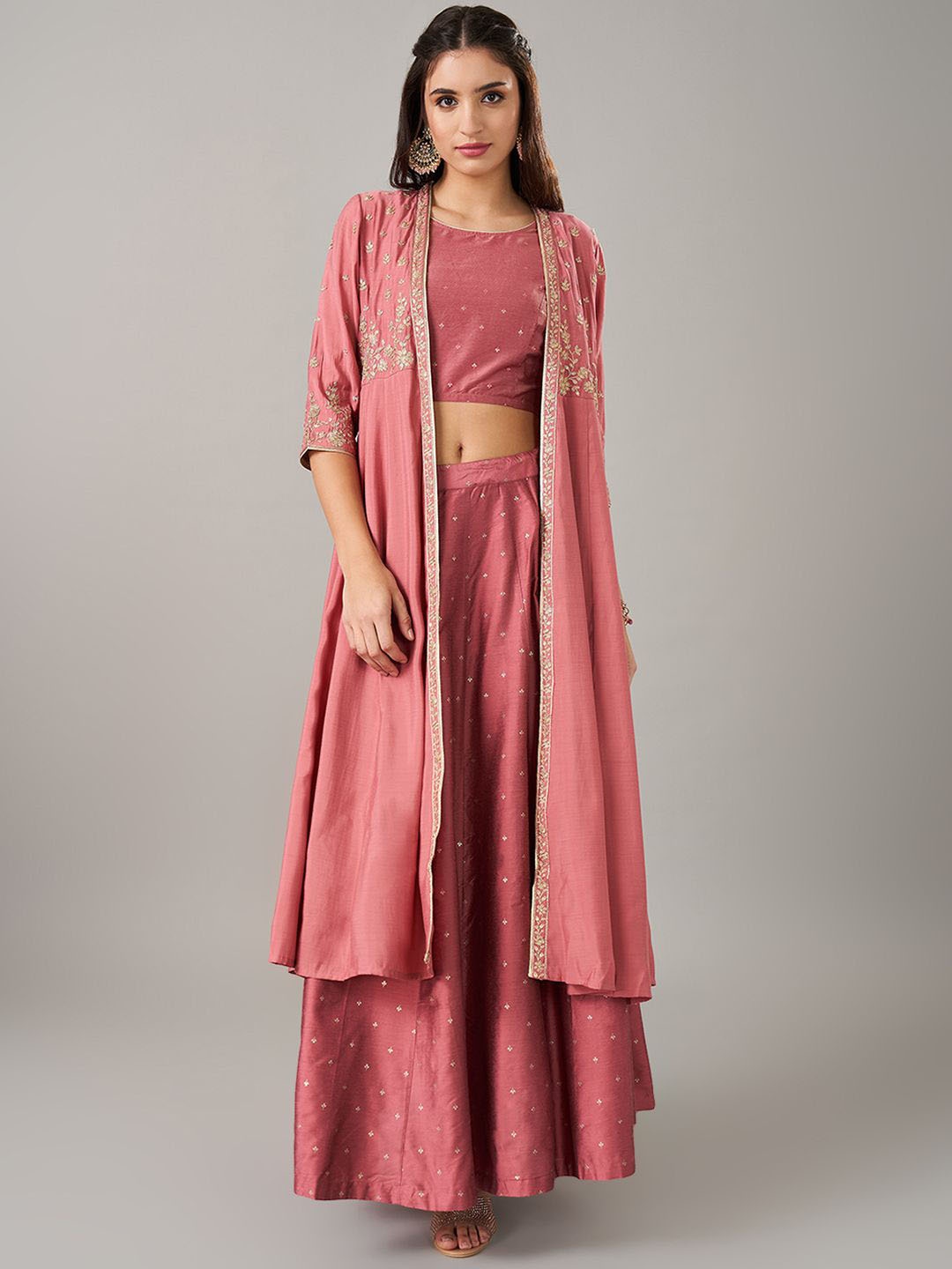 

RANGMANCH BY PANTALOONS Printed Ethnic Top With Skirt And Shrug, Pink