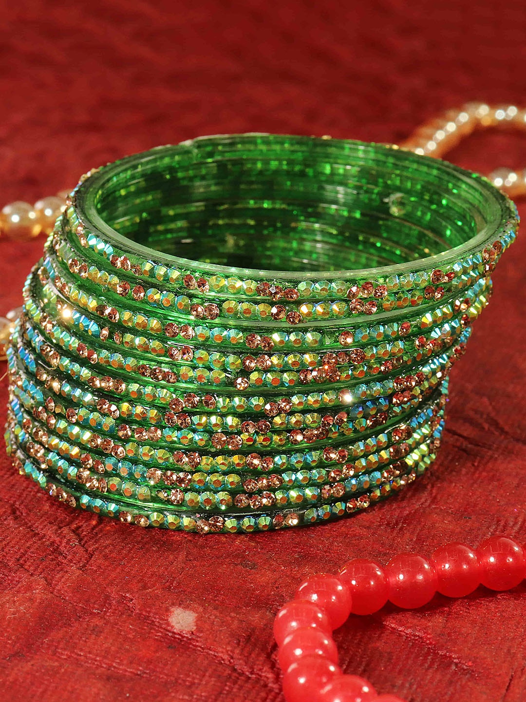 

LAVAZZA Set Of 12 Zircon Diamond Stone & Beads Studded Glass Bangles, Green