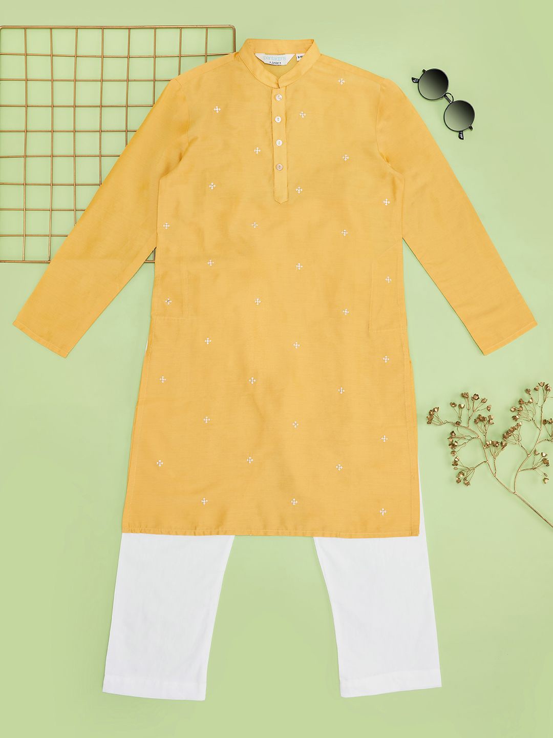 

indus route by Pantaloons Boys Floral Embroidered Mandarin Collar Kurta with Pyjama, Mustard