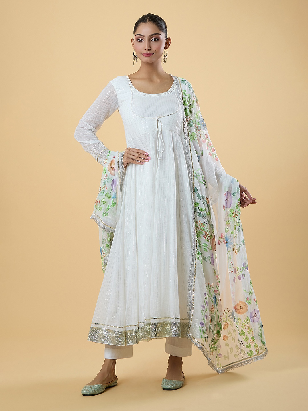 

Samyukta Singhania Round Neck Regular Georgette Anarkali Kurta with Trousers & Dupatta, White